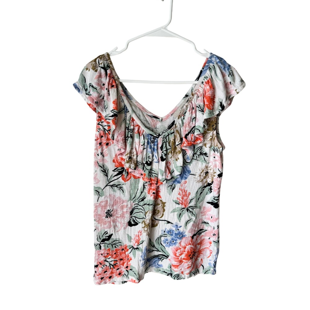 Loft Floral Ruffle V-Neck Flutter Sleeve Crepe Top Multicolor Small